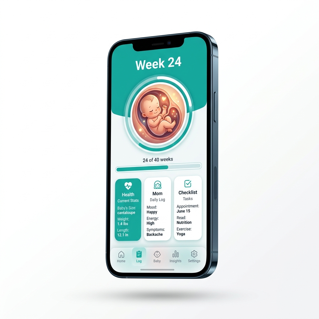 Gynosakhi app running on smartphone showing pregnancy stages and tracker