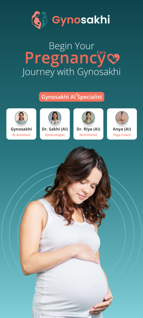 Gynosakhi app pregnancy journey dashboard showing health vitals log, baby growth progress, and mood/blood glucose tracker